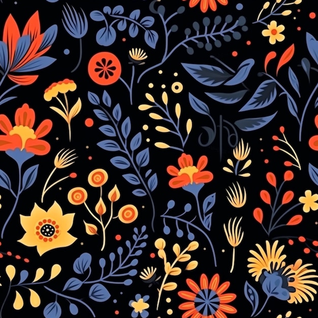 a close up of a black background with a pattern of flowers generative ai