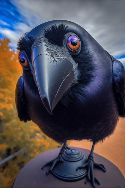 Close up of black bird with on its head generative ai