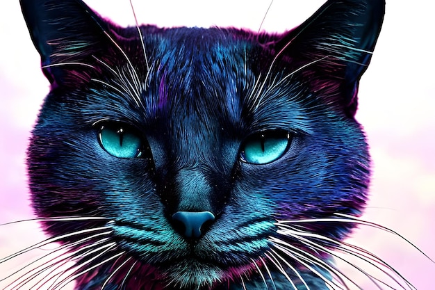 A close up of a black cat with blue eyes and a pink background.