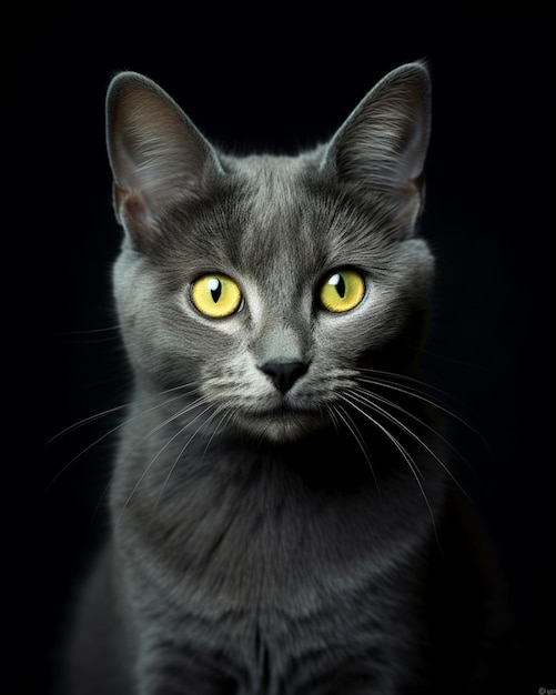 A close up of a black cat with yellow eyes