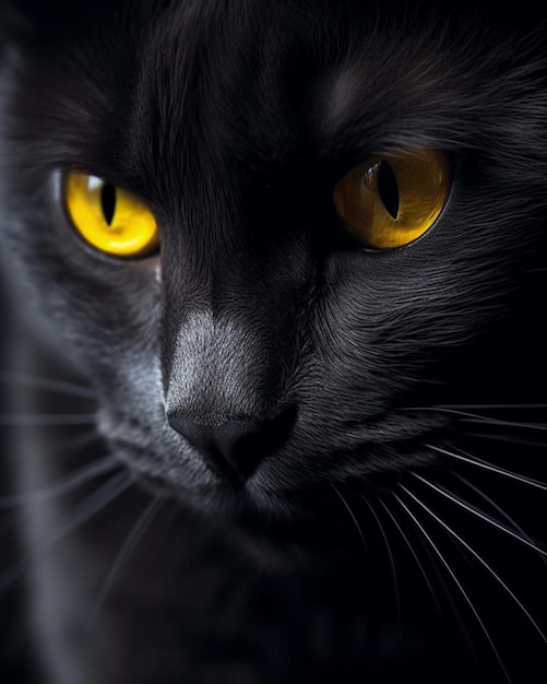 A close up of a black cat with yellow eyes