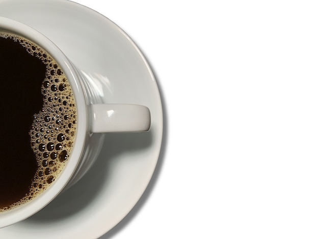 Close up of black coffee in coffee cup on white