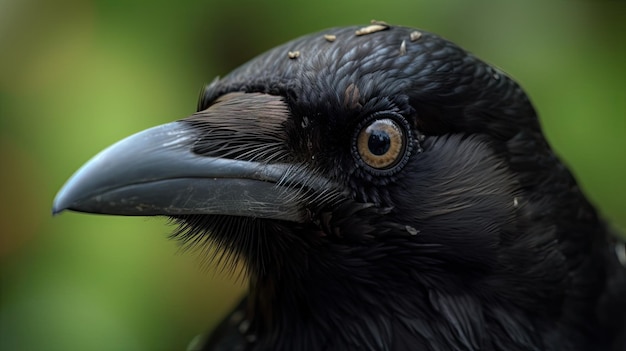 A close up of a black crow with a large beak.