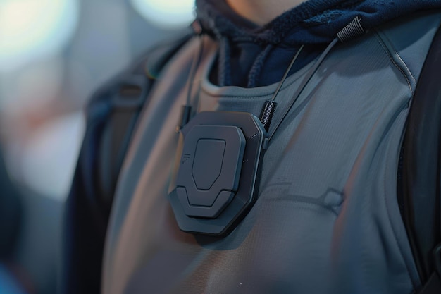 Photo close up of a black device worn on a persons chest