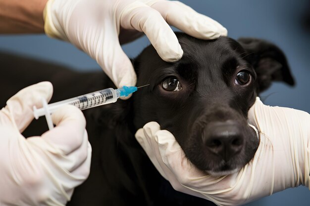 Photo close up of black dog getting injection white gloved hands holding syringe