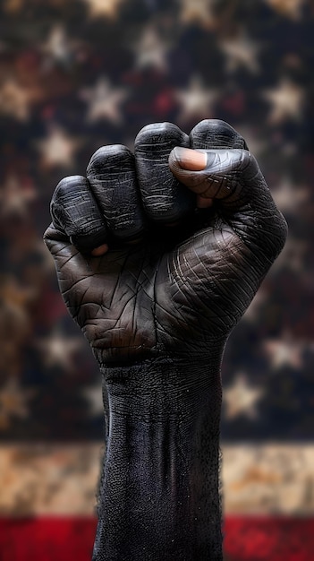 Close up of a black fist gesturing in front of an american flag