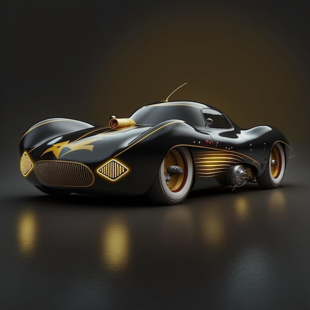 a close up of a black and gold car with a yellow stripe generative ai