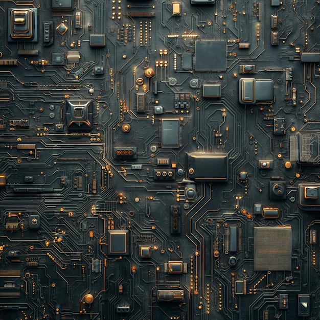 A close up of a black and gold electronic circuit board