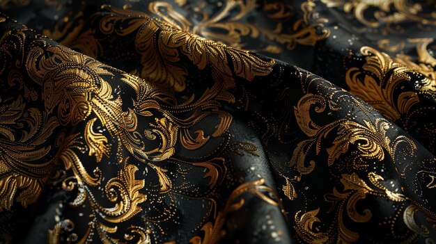 Photo a close up of a black and gold fabric with gold designs