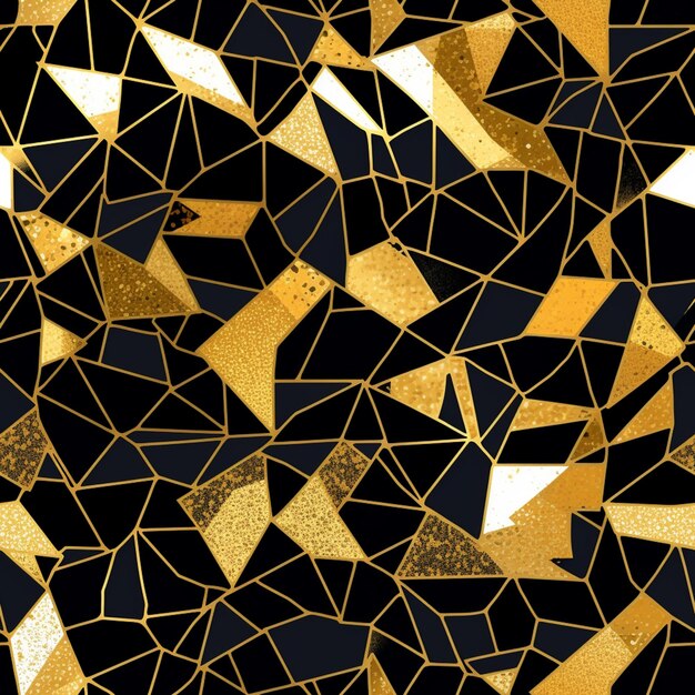 A close up of a black and gold mosaic background with gold triangles generative ai