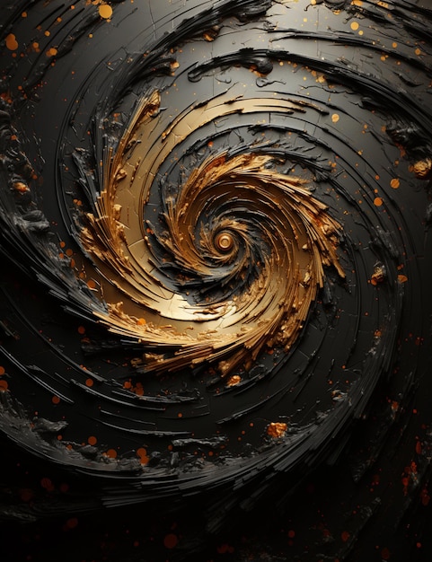 a close up of a black and gold swirl with gold leaves generative ai