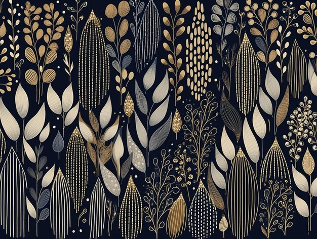 A close up of a black and gold wallpaper with a bunch of plants generative ai