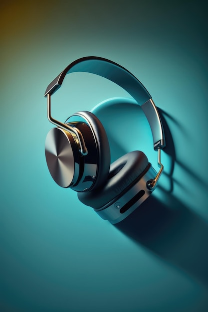 Close up of black headphones on blue background created using generative ai technology