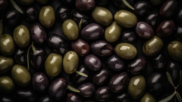 A close up of black olives with green leaves