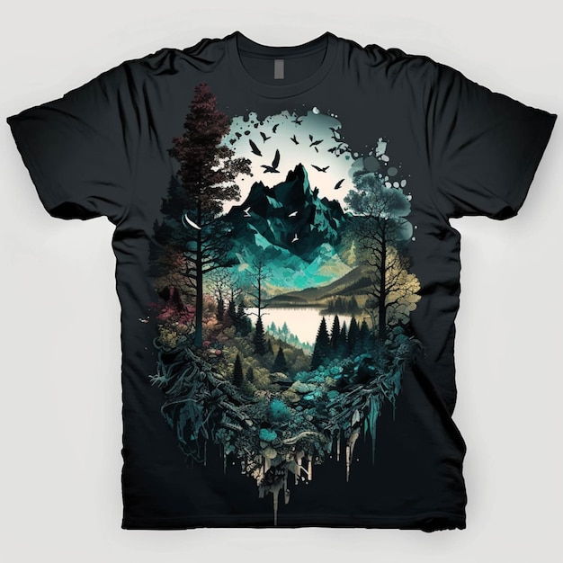 A close up of a black shirt with a mountain scene on it generative ai