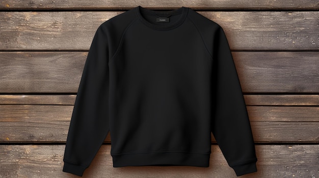 A close up of a black sweatshirt hanging on a wooden wall generative ai