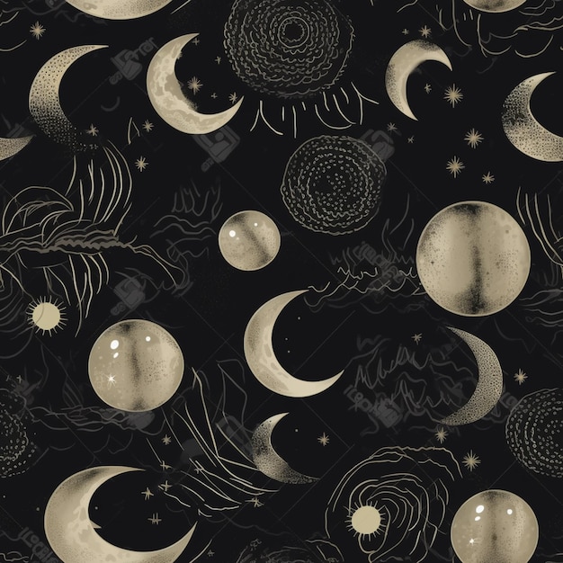 A close up of a black and white background with a lot of different moon and stars generative ai