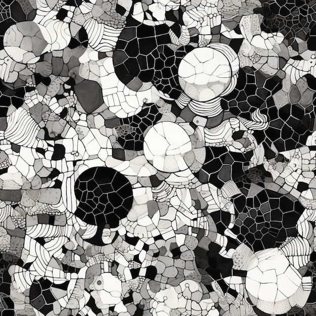 A close up of a black and white mosaic of various objects generative ai