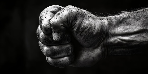 Close up black and white photo of a clenched fist with dirty knuckles