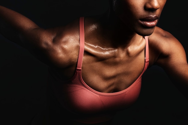 Close up of black woman in sportswear