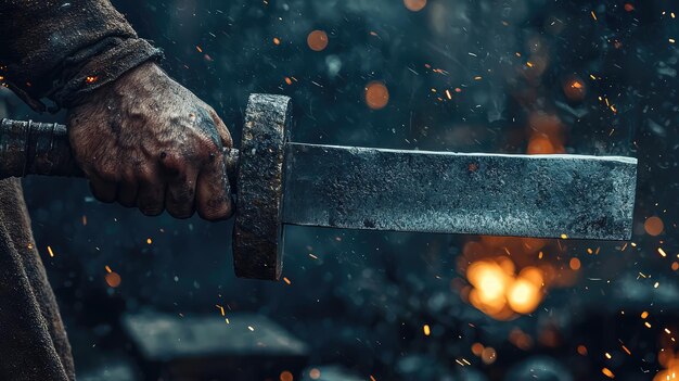 Photo a close up of blacksmith holding sword blade showcasing craftsmanship and sparks