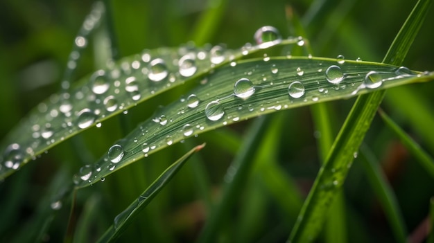 A close up of a blade of grass with water droplets on it