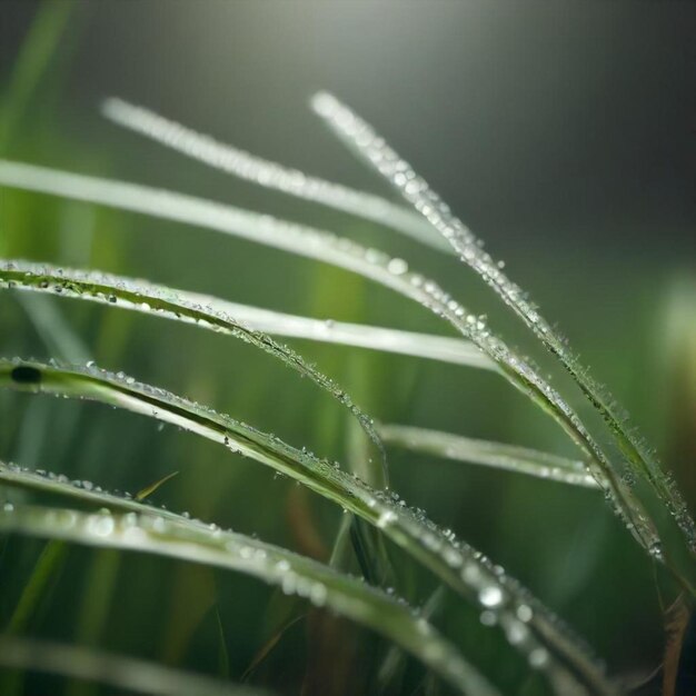 a close up of blades of grass with water droplets