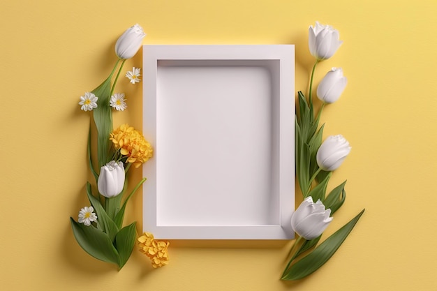 Close up blank photo frame with springs flowers season background minimalist with Generative AI