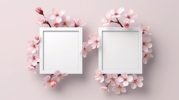 Close up blank photo frame with springs flowers season Generative ai