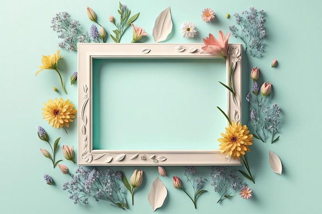 Close up blank photo frame with springs flowers season stylish background with Generative AI