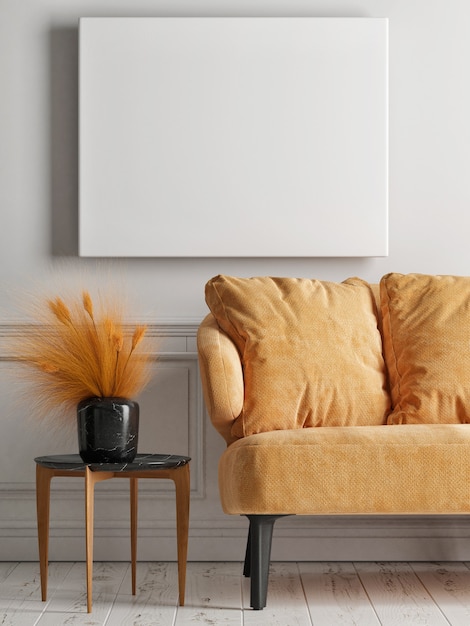 Close up a blank poster with orange sofa