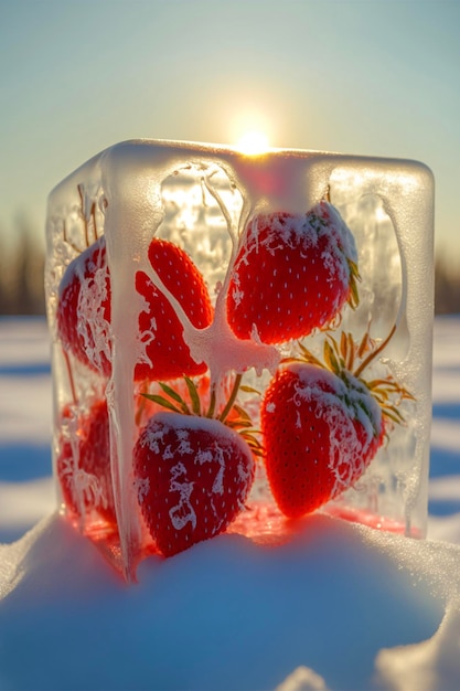 Close up of a block of ice with strawberries in it generative ai