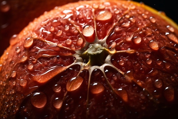 A close up of a blood orange with water drops on it