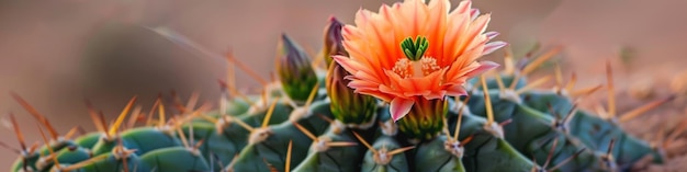 Close Up of Blooming Cactus with Orange Flower in Desert Environment