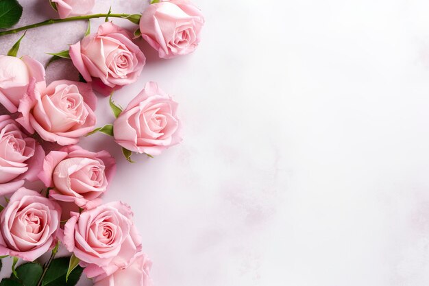 Close up of blooming pink roses flowers and petals isolated on white table background Floral frame composition Decorative web banner Empty space flat lay top view AI Generative