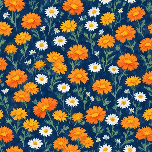 a close up of a blue background with daisies