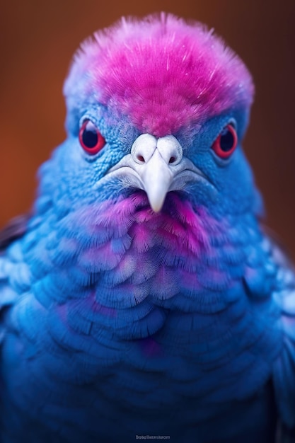 A close up of a blue bird with pink feathers Generative AI image