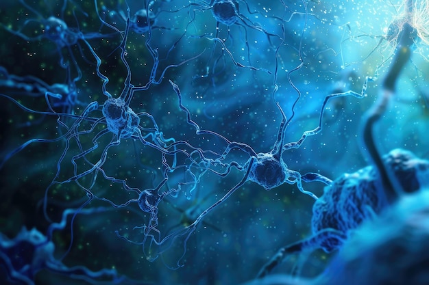 A close up of a blue brain with many blue neurons