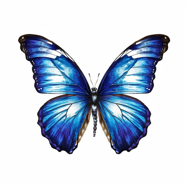 A close up of a blue butterfly on a white background generative ai