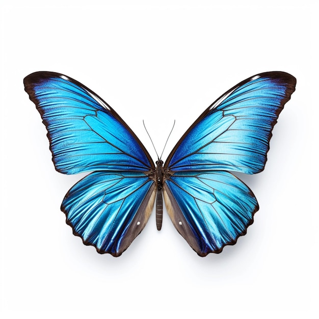 A close up of a blue butterfly on a white surface generative ai