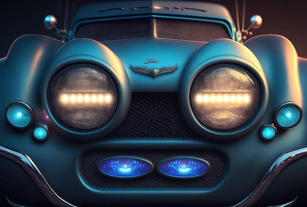 A close up of a blue cars front end showing the lights and the bumper