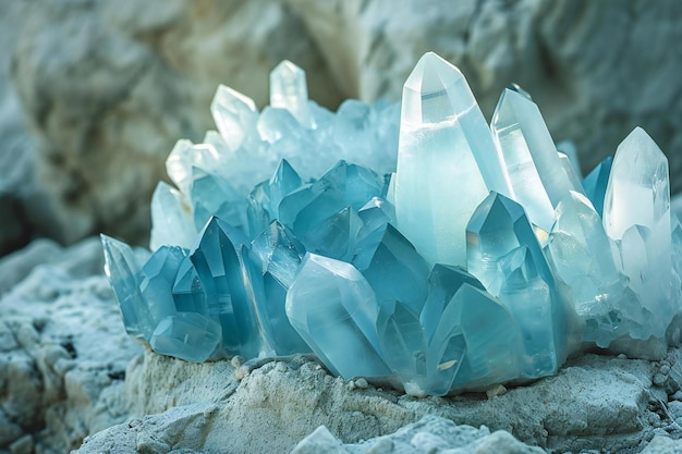 Close up of blue crystal gemstone on the beach Natural background