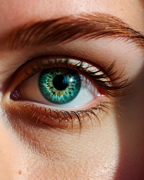 A close up of a blue eye with a green pupil