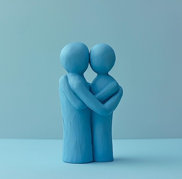 A close up of a blue figurine of two people hugging