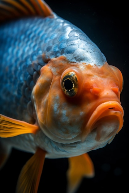 A close up of a blue fish with a yellow eye