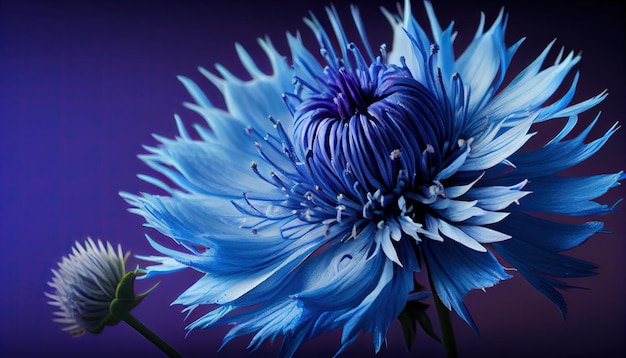 A close up of a blue flower on a purple background generative AI