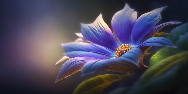 A close up of a blue flower with green leaves generative AI