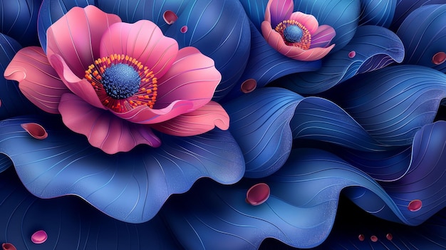 Close Up of a Blue Flower With Pink Petals