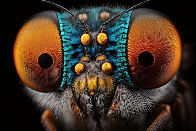 A close up of a blue fly with orange eyes