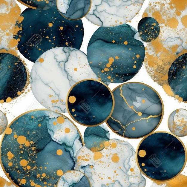 A close up of a blue and gold abstract painting generative ai